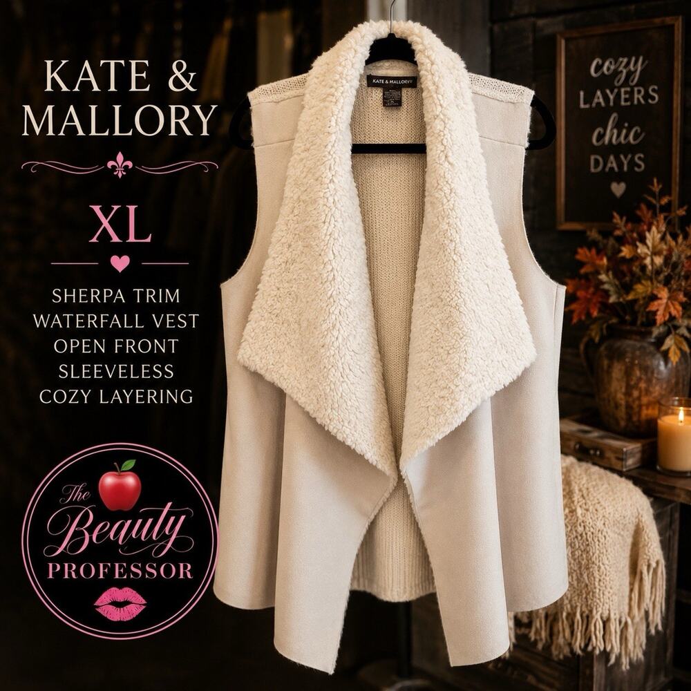 💞Kate & Mallory XL Cream Sherpa Waterfall Vest Open Front Layering Cardigan